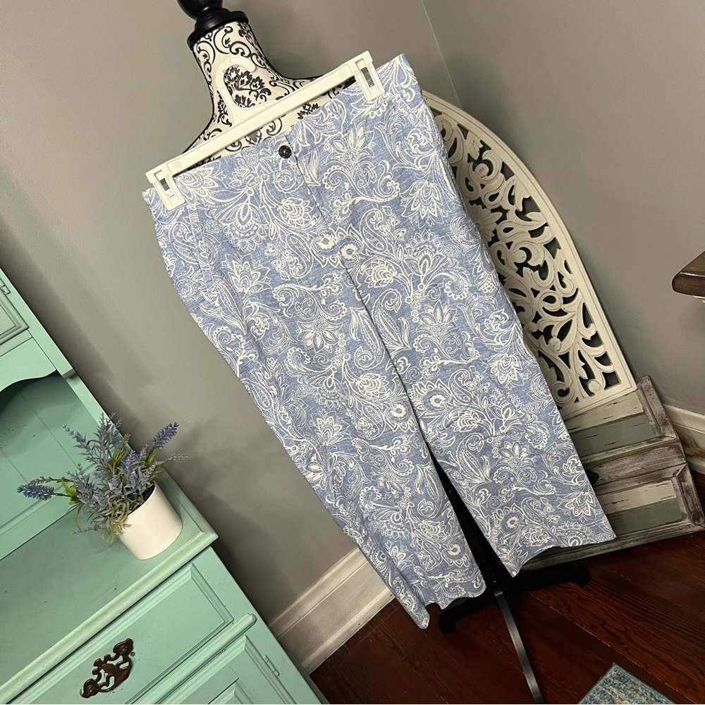 Talbots Boho Paisley Floral Linen Wide Leg Cropped Ankle Pant Size 10 Beach